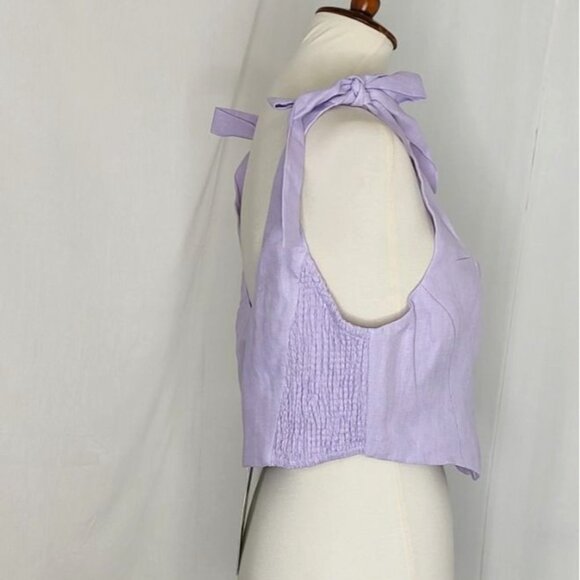 FARM Rio  Corset Crop Top L Lilac Smocked Shoulder Tie Linen Summer - Picture 7 of 12